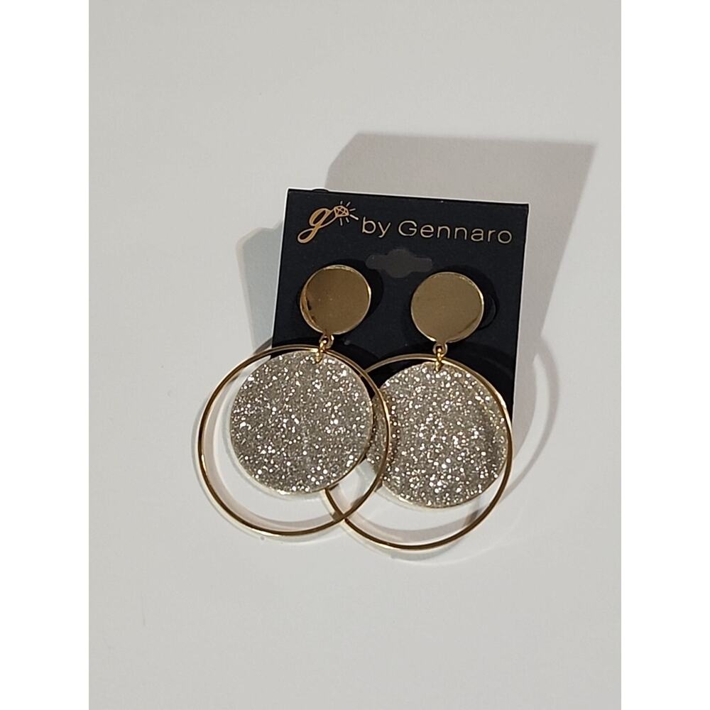 G by Gennaro Dangle Earrings Silver Glittery Design Round Double Circle Post